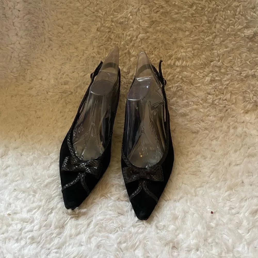 Merona Leather Suede Black with fabric bow and trim sling back3”heels shoes SZ10
